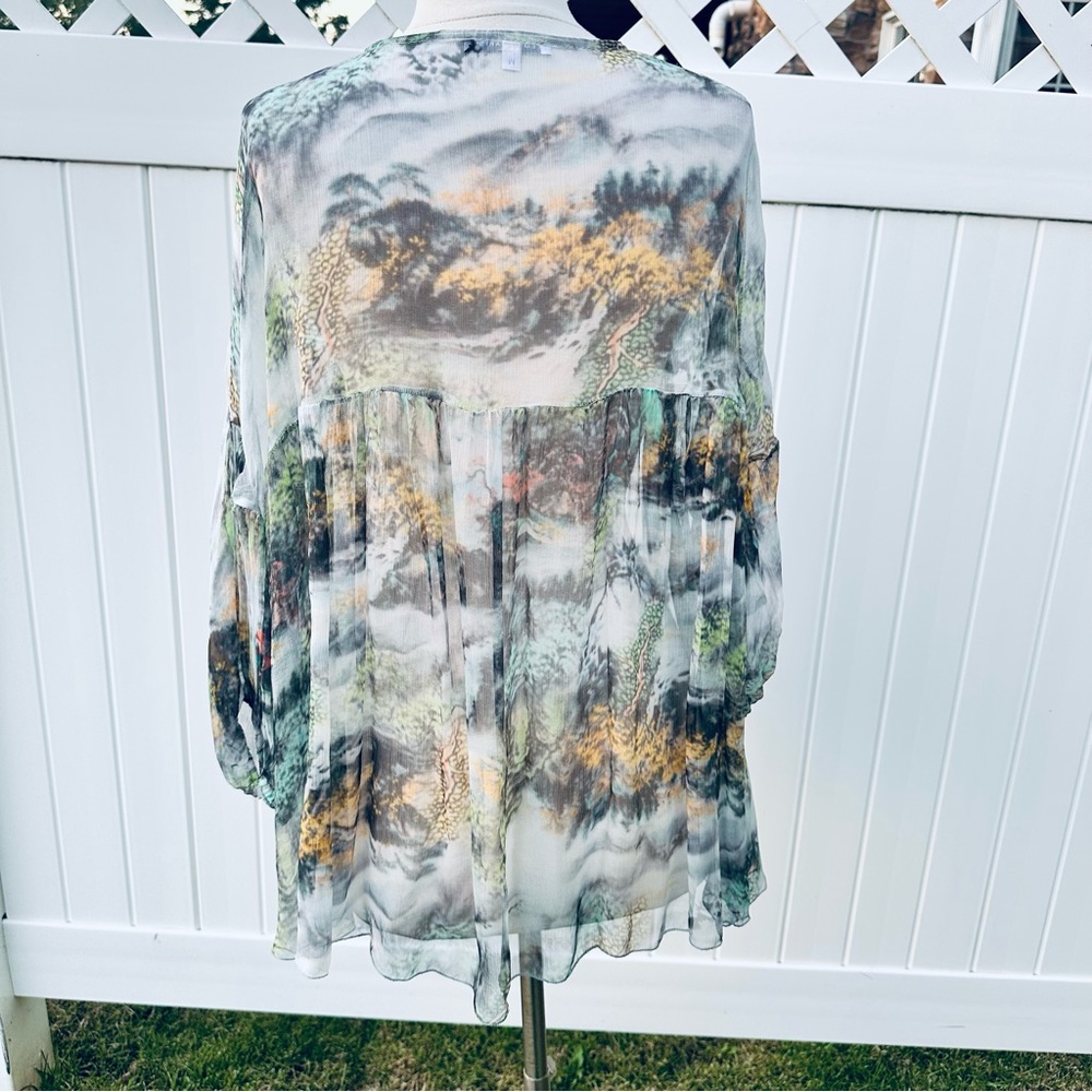 Tempo Paris Sheer Landscape Print Blouse Medium V-Neck High-Low Boho Top - Picture 8 of 10